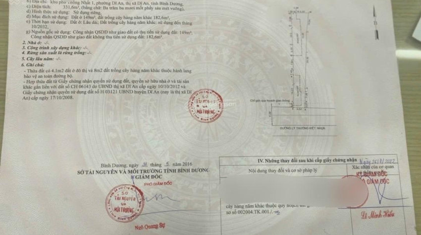 BÁN LÔ ĐẤT MT LÝ THƯỜNG KIỆT, DỈ AN, Tp DĨ AN 700M2